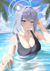 Rule 34 | 1girl, absurdres, animal ear fluff, animal ears, bare arms, beach, black one-piece swimsuit, blue archive, blue eyes, blue sky, blush, breasts, cleavage, closed mouth, cloud, collarbone, commentary, day, english commentary, grey hair, hair ornament, hairclip, halo, hand in own hair, highres, holding, holding hands, holding weapon, horizon, long hair, looking at viewer, massoukei, medium breasts, ocean, one-piece swimsuit, outdoors, palm tree, partially submerged, pov, pov hands, shiroko (blue archive), shiroko (swimsuit) (blue archive), sky, smile, solo, sparkle, swimsuit, tree, watermark, weapon