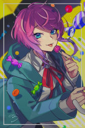 Rule 34 | 1boy, :p, amemura ramuda, blue eyes, blurry, border, candy, coat, collared shirt, commentary request, depth of field, diagonal stripes, food, green coat, highres, holding, holding candy, holding food, holding lollipop, holding umbrella, hood, hood down, hooded coat, hypnosis mic, lollipop, long sleeves, looking at viewer, male focus, neck ribbon, nou (nounknown), outside border, pink hair, red ribbon, ribbon, shirt, short hair with long locks, sidelocks, signature, smile, solo, striped, tongue, tongue out, umbrella, upper body, white shirt, yellow umbrella