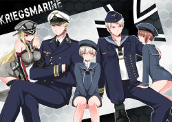 Rule 34 | 10s, 2boys, 3girls, androgynous, axis powers hetalia, beret, bismarck (kancolle), blonde hair, blue eyes, breasts, brown eyes, brown hair, clothes writing, crossover, dress, german text, germany (hetalia), gloves, grey legwear, hat, kantai collection, kirii77, kriegsmarine, large breasts, long hair, military, military hat, military uniform, multiple boys, multiple girls, peaked cap, personification, prussia (hetalia), red eyes, reverse trap, sailor collar, sailor dress, sailor hat, short hair, silver hair, thighhighs, uniform, z1 leberecht maass (kancolle), z3 max schultz (kancolle)
