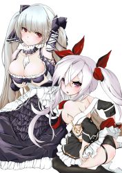 Rule 34 | 2girls, ass, azur lane, black legwear, black panties, blush, breasts, cleavage, closed mouth, clothes lift, collarbone, commentary request, detached sleeves, dress, dress lift, embarrassed, fang, formidable (azur lane), frilled dress, frilled skirt, frilled underwear, frills, frown, garter straps, gothic lolita, grey hair, hair between eyes, hair ornament, hair ribbon, hands on own breasts, hands on own thighs, highres, holding, holding clothes, holding skirt, large breasts, leotard, lifted by self, lolita fashion, long dress, looking at viewer, multiple girls, neck ribbon, open mouth, p.i.t.d, panties, red eyes, red ribbon, ribbon, seiza, short dress, simple background, sitting, skirt, thighhighs, twintails, underwear, vampire (azur lane), voice actor connection, white background