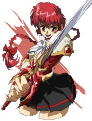 Rule 34 | 1girl, armor, black skirt, bow, braid, braided ponytail, breastplate, floating hair, hair behind ear, hair bow, highres, holding, holding sword, holding weapon, long hair, magic knight rayearth, open mouth, red bow, red eyes, red shirt, shidou hikaru, shino (2919), shirt, shoulder armor, skirt, smile, solo, sword, two-handed, very long hair, weapon, white bow