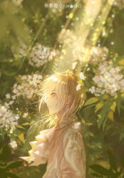 Rule 34 | 1boy, alkaid mcgrath, artist name, ascot, blonde hair, collared shirt, falling petals, flower, from side, green eyes, hair between eyes, highres, kenkako, light particles, light rays, long sleeves, looking ahead, lovebrush chronicles, male focus, medium hair, parted lips, petals, plant, profile, shirt, solo, sunlight, upper body, white ascot, white flower, white shirt
