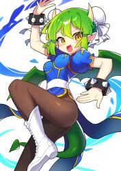 Rule 34 | 1girl, absurdres, ass, blush, boots, bracelet, breasts, brown eyes, brown pantyhose, bun cover, capcom, chun-li, chun-li (cosplay), commission, cosplay, draco centauros, dragon girl, dragon horns, dragon tail, dragon wings, earrings, fang, green hair, highres, horns, jewelry, medium breasts, offbeat, open mouth, pantyhose, pixiv commission, pointy ears, puffy short sleeves, puffy sleeves, puyopuyo, short hair, short sleeves, smile, solo, spiked bracelet, spikes, street fighter, tail, white footwear, wings