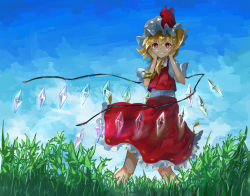 Rule 34 | 1girl, ascot, blonde hair, blue sky, bright pupils, cloud, contrapposto, cowboy shot, crystal, dappled sunlight, day, flandre scarlet, grass, grin, hair between eyes, hands on own face, hat, looking at viewer, mob cap, outdoors, petticoat, psyren2, puffy short sleeves, puffy sleeves, red eyes, red skirt, red vest, shirt, short hair, short sleeves, side ponytail, skirt, sky, smile, solo, standing, sunlight, tall grass, teeth, touhou, vest, white pupils, white shirt, wind, wind lift, wings, yellow ascot