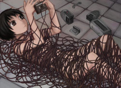 Rule 34 | 1girl, black hair, broken, brown eyes, cassette tape, censored, convenient censoring, covering privates, floor, lying, nude, nude cover, original, radio, short hair, solo, yajirushi (chanoma)