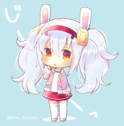 Rule 34 | 1girl, :o, animal ears, azur lane, blue background, blush, camisole, chibi, collarbone, commentary request, full body, grey footwear, hair between eyes, hair ornament, hairband, jacket, kou hiyoyo, laffey (azur lane), long sleeves, looking at viewer, off shoulder, open clothes, open jacket, parted lips, pink jacket, pleated skirt, rabbit ears, red eyes, red hairband, red skirt, shoes, silver hair, skirt, solo, standing, thighhighs, translation request, twintails, twitter username, white camisole, white thighhighs