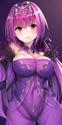 Rule 34 | 1girl, breasts, caster (lostbelt), circlet, covered navel, dress, fate/grand order, fate (series), large breasts, long hair, nano (syoutamho), purple hair, red eyes, scathach (fate), scathach (fate), scathach skadi (fate), strapless, strapless dress