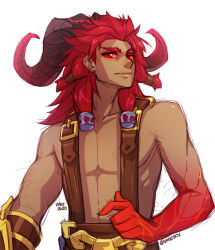 Rule 34 | 1boy, artist name, closed mouth, collarbone, colored skin, commentary, dark-skinned male, dark skin, english commentary, horns, league of legends, long hair, looking at viewer, male focus, ornn, personification, red eyes, red hair, red skin, simple background, smile, solo, upper body, vmat, white background