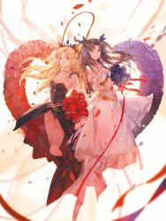 Rule 34 | 2girls, bare shoulders, black hair, blonde hair, bouquet, breasts, brown hair, crown, ereshkigal (fate), fate/grand order, fate (series), flower, hand on own chest, highres, ishtar (fate), leotard, long hair, looking at viewer, lufufu, medium breasts, multiple girls, navel, petals, red eyes, rose, siblings, sisters, smile, thighs, two side up, white background