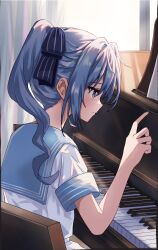 Rule 34 | 1girl, black bow, blue eyes, blue hair, blue sailor collar, blush, bow, closed mouth, curtains, day, from side, grand piano, hair between eyes, hair bow, half updo, highres, hololive, hoshimachi suisei, index finger raised, indoors, instrument, long hair, looking down, namakubisteru, piano, ponytail, profile, sailor collar, school uniform, serafuku, shirt, short sleeves, sidelocks, solo, upper body, virtual youtuber, white shirt, window
