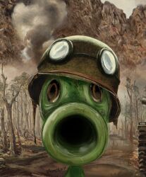 Rule 34 | aviator cap, bare tree, beezyloove, black eyes, caterpillar tracks, commentary, english commentary, foreshortening, goggles, goggles on headwear, looking at viewer, no humans, outdoors, peashooter (plants vs zombies), plants vs zombies, smoke, solo, the two-thousand yard stare, thousand yard stare, tree