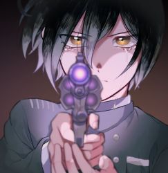 Rule 34 | 1boy, bbjj 927, black background, black hair, black jacket, brown background, brown eyes, commentary request, crying, crying with eyes open, danganronpa (series), danganronpa v3: killing harmony, face, foreshortening, glowing, gradient background, gun, hair between eyes, handgun, hands up, holding, holding gun, holding weapon, jacket, long sleeves, looking at viewer, male focus, revolver, saihara shuichi, serious, short hair, solo, tears, weapon