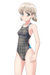 Rule 34 | 1girl, absurdres, aki (girls und panzer), blush, breasts, collarbone, commentary request, competition swimsuit, cowboy shot, girls und panzer, green eyes, grey one-piece swimsuit, groin, highres, houndstooth, light brown hair, looking at viewer, low twintails, one-piece swimsuit, short hair, short twintails, simple background, small breasts, smile, solo, standing, swimsuit, takafumi, thighs, twintails, two-tone swimsuit, variant set, white background
