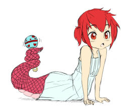 Rule 34 | 1girl, blush, child, dress, holding, holding rattle, lamia, monster girl, open mouth, original, rattle, red eyes, red hair, short hair, short sidetail, side ponytail, simple background, sketch, solo, tail, tail wrap, triangle mouth, twrlare, white background