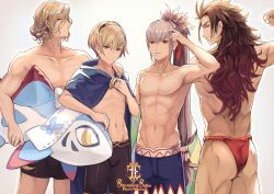 Rule 34 | 4boys, armpits, ass, black hairband, blonde hair, blue cape, brothers, brown hair, cape, copyright name, fire emblem, fire emblem fates, fire emblem heroes, flexing, fundoshi, grey hair, hairband, hand on another&#039;s shoulder, holding, holding swim ring, innertube, jammers, japanese clothes, kurosawa tetsu, leo (fire emblem), leo (fire emblem fates), leo (summer) (fire emblem), long hair, looking at viewer, looking back, male focus, male swimwear, multiple boys, muscular, muscular male, navel, nintendo, no nipples, official alternate costume, pectorals, ponytail, red fundoshi, ryoma (fire emblem), ryoma (hostile springs) (fire emblem), short hair, siblings, simple background, swim ring, swim trunks, takumi (fire emblem), takumi (summer) (fire emblem), thighs, toned, toned male, topless male, very long hair, xander (fire emblem), xander (summer) (fire emblem)