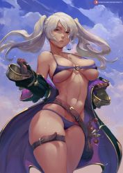 Rule 34 | 1girl, belt, belt buckle, bikini, braid, breasts, brown eyes, brown gloves, buckle, coat, cowboy shot, cutesexyrobutts, day, female focus, fire emblem, fire emblem awakening, fire emblem heroes, fish, from below, gloves, highres, lips, looking at viewer, medium breasts, navel, nintendo, nipples, o-ring, o-ring bikini, o-ring top, octopus, outdoors, overcoat, parted lips, purple bikini, robin (female) (fire emblem), robin (fire emblem), seaweed, see-through, skindentation, sky, solo, swimsuit, swimsuit under clothes, thick thighs, thigh strap, thighs, twintails, undressing, water, white hair