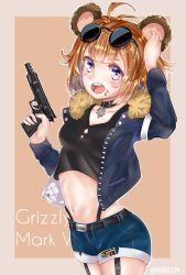 Rule 34 | 1girl, absurdres, aged down, ahoge, animal ears, artist request, blush, breasts, brown hair, collarbone, eyewear on head, food in mouth, girls&#039; frontline, grizzly mkv (girls&#039; frontline), grizzly mkv (teddy transform!) (girls&#039; frontline), gun, handgun, highres, jacket, l.a.r. manufacturing, lar grizzly win mag, looking at viewer, midriff, navel, official alternate costume, open mouth, pistol, purple eyes, short hair, shorts, small breasts, trigger discipline, weapon