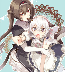 Rule 34 | animal ears, apron, bad id, bad pixiv id, black dress, brown eyes, brown hair, cross, dress, elbow gloves, fang, flower, gloves, grey eyes, hair flower, hair ornament, hairband, layered dress, lolita hairband, long hair, low twintails, maid, maid apron, mouth hold, nochita shin, open mouth, original, purple dress, silver hair, star-shaped pupils, star (symbol), symbol-shaped pupils, tail, tears, twintails, very long hair, waist apron, white dress, white gloves, wolf ears, wolf tail
