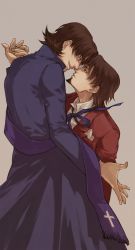 Rule 34 | 2boys, blue eyes, brown eyes, brown hair, cassock, cross, dancing, facial hair, fate/stay night, fate/zero, fate (series), formal, goatee, highres, kotomine kirei, male focus, multiple boys, open mouth, parted lips, ribbon, short hair, simple background, smile, stole, suit, time paradox, tohsaka tokiomi, toosaka tokiomi, xplete, yaoi