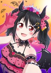 Rule 34 | 1girl, absurdres, bare shoulders, black hair, gloves, halloween, highres, looking at viewer, love live!, open mouth, pink eyes, solo, twintails, yazawa nico, zero-theme