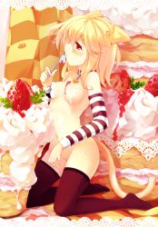 Rule 34 | 1girl, animal ears, cake, caramell (sayori), cat ears, cat tail, censored, collar, convenient censoring, cream, detached sleeves, food, food on body, food on breasts, fruit, highres, ideolo, nude, original, pastry, red eyes, revision, sayori (neko works), slave, solo, strawberry, tail, thighhighs