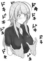 Rule 34 | 1girl, ahoge, blush, breasts, dera self, disembodied hand, greyscale, groping motion, hachimiya meguru, hair ornament, hairclip, highres, idolmaster, idolmaster shiny colors, large breasts, long hair, looking down, low twintails, monochrome, polo shirt, solo focus, star (symbol), star hair ornament, sweatdrop, taut clothes, twintails