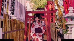 Rule 34 | 1girl, :x, adjusting hair, architecture, awakumo, banner, black eyes, black hair, blunt bangs, building, cat, chromatic aberration, closed mouth, commentary request, day, east asian architecture, film grain, hair ornament, hairclip, hand up, highres, japanese clothes, kimono, ligne claire, looking at viewer, nobori, obi, original, outdoors, print kimono, purple sash, sash, solo, standing, stone lantern, straight-on, torii, translation request, tree, white cat, wide sleeves, yukata