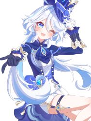 1girl ;d absurdres ahoge ascot asymmetrical_gloves black_gloves blue_ascot blue_bow blue_eyes blue_gemstone blue_hair blue_hat blue_jacket blue_pupils blue_ribbon blush bow commentary_request drop-shaped_pupils feet_out_of_frame furina_(genshin_impact) gem genshin_impact gloves hair_between_eyes hand_on_headwear hand_up hat hat_bow hat_ribbon highres hydro_symbol_(genshin_impact) jacket kokoaji_(koko_aj1) light_blue_hair long_sleeves looking_at_viewer mismatched_gloves multicolored_hair one_eye_closed open_mouth ouji_fashion ribbon shorts smile solo streaked_hair symbol-shaped_pupils thigh_strap vision_(genshin_impact) white_background white_gloves white_hair white_shorts