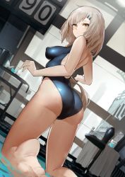 Rule 34 | 1girl, ass, bare legs, barefoot, blue one-piece swimsuit, blurry, blurry background, blurry foreground, breasts, brown hair, competition swimsuit, covered erect nipples, depth of field, dutch angle, foreshortening, from behind, girls&#039; frontline, hair ornament, hairclip, highres, impossible clothes, impossible swimsuit, indoors, kneeling, large breasts, long hair, looking at viewer, looking back, m590 (girls&#039; frontline), medium breasts, one-piece swimsuit, original, pandea work, parted lips, solo, swimsuit, yellow eyes