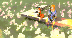Rule 34 | 1boy, arm guards, blonde hair, blue eyes, blue tunic, boots, field, fingerless gloves, flower, flower field, fox, full body, gloves, grass, grey pants, hair between eyes, link, looking to the side, male focus, medium hair, nature, nintendo, outdoors, pants, pointy ears, shirt, sitting, starstruckdon, sword, the legend of zelda, the legend of zelda: breath of the wild, weapon, weapon on back, white shirt