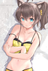 Rule 34 | 1girl, ahoge, animal ears, babydoll, blue eyes, blush, breasts, brown hair, camisole, cat ears, cleavage, closed mouth, commentary, cowboy shot, crossed arms, groin, hair between eyes, highres, hololive, kemonomimi mode, looking at viewer, medium breasts, medium hair, natsuiro matsuri, natsuiro matsuri (matsuri&#039;s day off), navel, ponytail, sahatarakau, scrunchie, shadow, shorts, sidelocks, smile, solo, stomach, strap slip, virtual youtuber, yellow camisole, yellow shorts