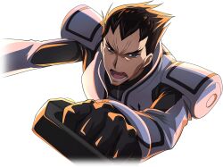 Rule 34 | 1boy, armor, artist request, backlighting, black bodysuit, bodysuit, brown hair, code geass, code geass: lost stories, forehead, furrowed brow, game cg, grey eyes, grey vest, half-closed eyes, leaning forward, male focus, non-web source, official art, open mouth, short hair, shoulder armor, solo, spiked hair, teeth, tongue, toudou kyoushirou, upper body, vest