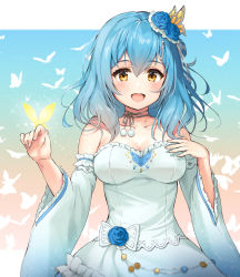 Rule 34 | 1girl, :d, animal, battle girl high school, blue flower, blue hair, blue rose, blush, bow, breasts, brown eyes, bug, butterfly, butterfly on hand, collarbone, commentary request, detached sleeves, dress, fingernails, flower, fortissimo, frilled dress, frills, hair between eyes, hair flower, hair ornament, hands up, highres, insect, kiyosato 0928, kunieda shiho, long hair, long sleeves, looking at viewer, medium breasts, musical note, musical note hair ornament, open mouth, rose, smile, solo, strapless, strapless dress, upper body, white bow, white dress, white sleeves, wide sleeves
