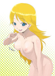 Rule 34 | 00s, 1girl, :d, alternate eye color, arm up, blonde hair, blue eyes, body blush, collarbone, convenient censoring, cowboy shot, halftone, halftone background, hoshii miki, idolmaster, idolmaster (classic), idolmaster 1, leaning forward, long hair, looking at viewer, navel, nipples, nude, open mouth, scotch (blaze), smile, solo, standing, stomach, tsurime