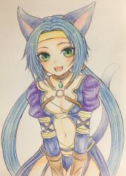 Rule 34 | 1girl, animal ears, blue hair, blush, breasts, cat ears, cat tail, green eyes, higemaccho, long hair, looking at viewer, low twintails, meracle chamlotte, navel, open mouth, simple background, small breasts, smile, solo, star ocean, star ocean the last hope, tail, twintails, white background