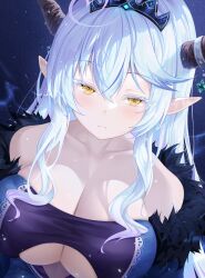 Rule 34 | 1girl, absurdres, ahoge, alternate costume, bare shoulders, blue hair, blush, breasts, cleavage, clothing cutout, collarbone, colored tips, commentary, crossed bangs, demon horns, expressionless, fur trim, hair between eyes, heart, heart ahoge, highres, hololive, horns, large breasts, long hair, looking at viewer, multicolored hair, pointy ears, skindentation, solo, strapless, streaked hair, sumeragi sumika, tiara, underboob cutout, upper body, virtual youtuber, yellow eyes, yukihana lamy