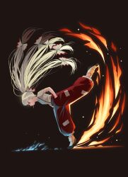 Rule 34 | 1girl, absurdly long hair, absurdres, baggy pants, black background, black footwear, bow, collared shirt, commentary, fire, from side, fujiwara no mokou, full body, hair bow, hands in pockets, highres, long hair, mouth hold, pants, ponytail, profile, red eyes, red pants, shirt, shoes, socks, solo, stalk in mouth, standing, standing on one leg, sweet reverie, torn clothes, torn sleeves, touhou, very long hair, white bow, white hair, white shirt, white socks