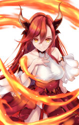 Rule 34 | 1girl, absurdres, breasts, closed mouth, detached sleeves, dragon horns, dress, eyebrows hidden by hair, fire, hair between eyes, hand on own chest, highres, horns, large breasts, leotard, long hair, orange eyes, red dress, red hair, smile, soanote, solo, tania (beast tamer), upper body, very long hair, white leotard, yuusha party wo tsuihou sareta beast tamer saikyoushu no nekomimi shoujo to deau