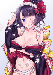 Rule 34 | 1girl, adapted costume, alternate costume, apron, black kimono, blue eyes, blush, breasts, cleavage, commentary request, enmaided, fate/grand order, fate (series), fine art parody, flower, frills, hair flower, hair ornament, highres, japanese clothes, katsushika hokusai (fate), kimono, ko yu, large breasts, looking at viewer, maid, maid apron, maid headdress, navel, nihonga, obi, off shoulder, one eye closed, open mouth, parody, purple hair, sash, shikigami, solo, wa maid