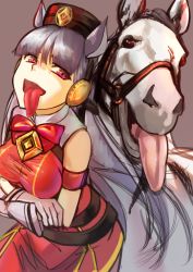 Rule 34 | 1girl, 1other, :p, animal ears, blunt bangs, bow, bowtie, commentary, creature and personification, gloves, gold ship (racehorse), gold ship (umamusume), grey hair, highres, horse, horse ears, horse girl, long hair, looking at viewer, pillbox hat, purple background, purple eyes, red bow, red bowtie, simple background, tongue, tongue out, umamusume, user uscc4228, white gloves