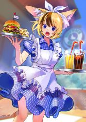 Rule 34 | 1girl, animal ear fluff, apron, blonde hair, blue dress, blue eyes, brown hair, burger, cheese, dress, drink, drinking straw, feet out of frame, food, french fries, frilled apron, frills, highres, holding, holding drink, holding tray, lettuce, looking at viewer, multicolored hair, nashigaya koyomi, open mouth, original, outdoors, plaid, plaid dress, puffy short sleeves, puffy sleeves, short sleeves, solo, streaked hair, tomato, tray, waitress, white apron