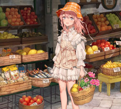 Rule 34 | 1girl, :d, apple, apron, banana, basket, bell pepper, blue eyes, bottle, brown apron, bucket hat, commentary, day, dress, english commentary, feet out of frame, flower, food, frilled sleeves, frills, fruit, hair between eyes, hat, highres, holding, holding basket, lace, lace-trimmed dress, lace trim, lemon, lettuce, looking at viewer, market, medium hair, open mouth, orange (fruit), orange hat, original, outdoors, pavement, pepper, pink flower, pink hair, plaid headwear, smile, solo, standing, tomato, white dress, wine bottle, yutsumoe