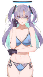 Rule 34 | 1girl, absurdres, bad id, bad twitter id, black gloves, blue archive, blue eyes, blue hair, breasts, cleavage, collarbone, commentary request, e sky rugo, gloves, hair ornament, halterneck, hand up, highres, long hair, looking at viewer, medium breasts, multicolored hair, navel, open mouth, panties, purple hair, revision, side-tie panties, simple background, solo, standing, teeth, thigh gap, two-tone hair, two side up, underwear, underwear only, white background, yuuka (blue archive)