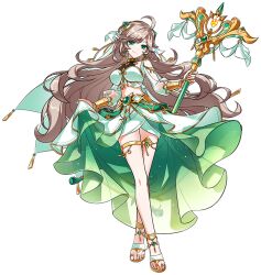 Rule 34 | 1girl, ahoge, artist request, avarice (elsword), bare shoulders, bridal veil, brown hair, clothes lift, clothing cutout, crop top, crossed legs, cuffs, elsword, full body, green eyes, green skirt, head tilt, holding, holding staff, jewelry, lithia beryl (elsword), long hair, long sleeves, midriff, navel, official art, puffy long sleeves, puffy sleeves, see-through, see-through sleeves, shoulder cutout, skirt, skirt lift, smile, solo, staff, standing, thighlet, third-party source, toe ring, toeless footwear, transparent background, veil