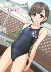 Rule 34 | 1girl, absurdres, beach umbrella, black one-piece swimsuit, blurry, brown hair, collarbone, commentary request, competition swimsuit, cowboy shot, depth of field, dutch angle, fence, flat chest, floral print, green eyes, highleg, highleg swimsuit, highres, logo, looking at viewer, one-piece swimsuit, open mouth, original, round teeth, short hair, smile, solo, standing, swimsuit, table, takafumi, teeth, umbrella, upper teeth only, watermark, web address