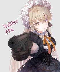 Rule 34 | 1girl, absurdres, aiming, aiming at viewer, black corset, black dress, black gloves, blonde hair, character name, collared dress, corset, dress, frilled hairband, frills, girls&#039; frontline, gloves, gothic lolita, gun, hairband, handgun, highres, holding, holding gun, holding weapon, lolita fashion, long hair, looking at viewer, martinreaction, neck ribbon, orange ribbon, ppk (girls&#039; frontline), puffy short sleeves, puffy sleeves, ribbon, short sleeves, simple background, smile, solo, upper body, walther, walther ppk, weapon, white background, yellow eyes