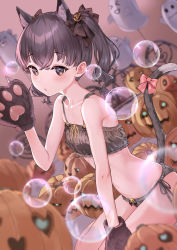 Rule 34 | 1girl, :o, animal ear fluff, animal ears, animal hands, bikini, blush, bow, brown bikini, brown hair, bubble, cat ears, cat paws, cat tail, commentary request, ghost, hair ornament, halloween, highres, namikishiho, original, parted lips, pumpkin, solo, swimsuit, tail, tail bow, tail ornament