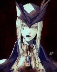 Rule 34 | 1girl, ascot, azure meraki, bicorne, blood, blood splatter, bloodborne, closed mouth, coat, dated, hat, hat feather, head tilt, highres, jewelry, lady maria of the astral clocktower, lipstick, looking at viewer, makeup, necklace, pale skin, portrait, signature, solo, white hair
