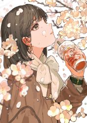 Rule 34 | 1girl, absurdres, brown coat, brown eyes, brown hair, buchi (qooo003), cherry blossoms, coat, commentary request, cup, disposable cup, drink, drinking straw, earrings, english text, falling petals, from side, hand up, highres, holding, holding drink, jewelry, long sleeves, looking up, medium hair, original, parted lips, petals, scarf, simple background, solo, spring (season), upper body, watch, white background, white scarf, wristwatch