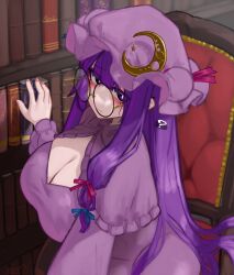 Rule 34 | 1girl, blue bow, blush, book, bow, breasts, chair, cleavage, crescent, crescent hat ornament, dress, frilled hat, frilled shirt collar, frills, glasses, hair bow, hat, hat ornament, highres, large breasts, library, long hair, looking at viewer, patchouli knowledge, purple eyes, purple hair, ribbon, round eyewear, sitting, solo, speech bubble, touhou, zakozako y